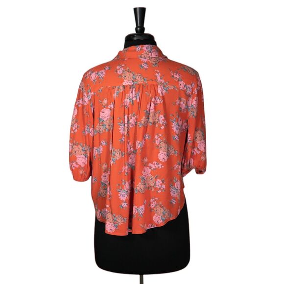 Free People Women's Shirt Button Up Floral Tie Front Boho Oversized Crop Top S - Picture 2 of 9